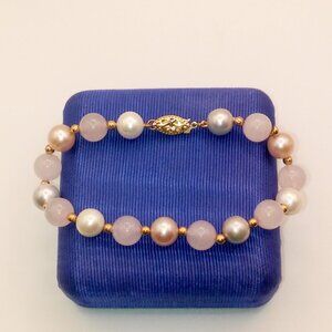 Vintage Signed CP Cultured Pearl Rose Quartz Beaded Bracelet 14k Gold Bead Clasp